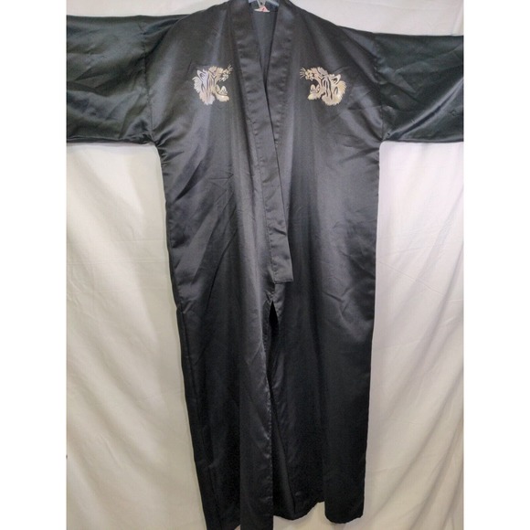 Japanese Long Robe Yukata Kimono Black Satin W/ Tigers & Lg Tiger/Eagle Back Rar - Picture 1 of 16
